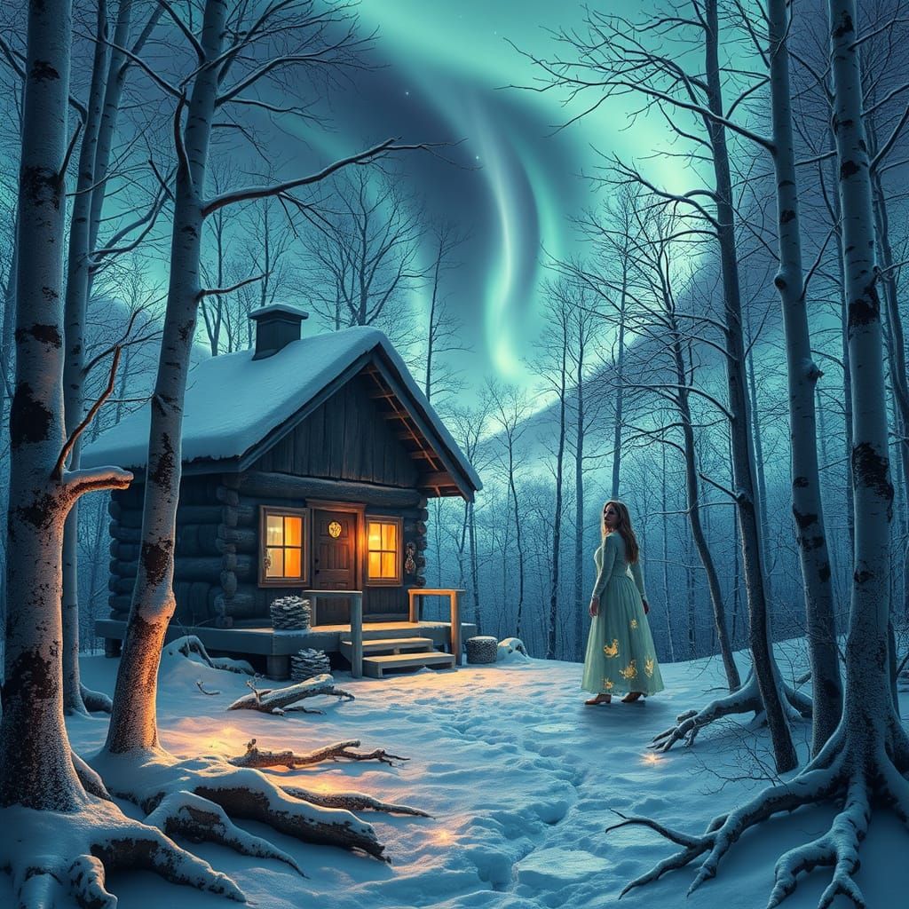 Bioluminescent Winter Cabin: A Surreal Bio-Art Collage