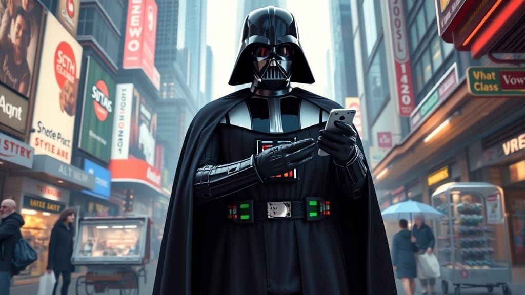 Darth Vader Buys Smartphone in Futuristic City