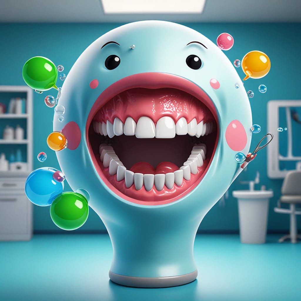 Cartoon Dentist in Mouth: 3D Art with Speech Bubbles