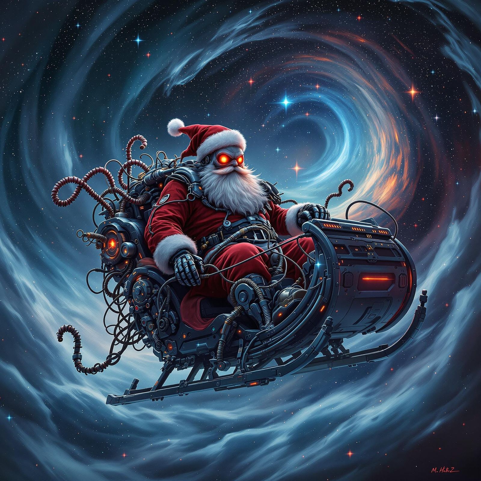 Biomechanical Santa Claus in Giger-Inspired Sci-Fi Sleigh