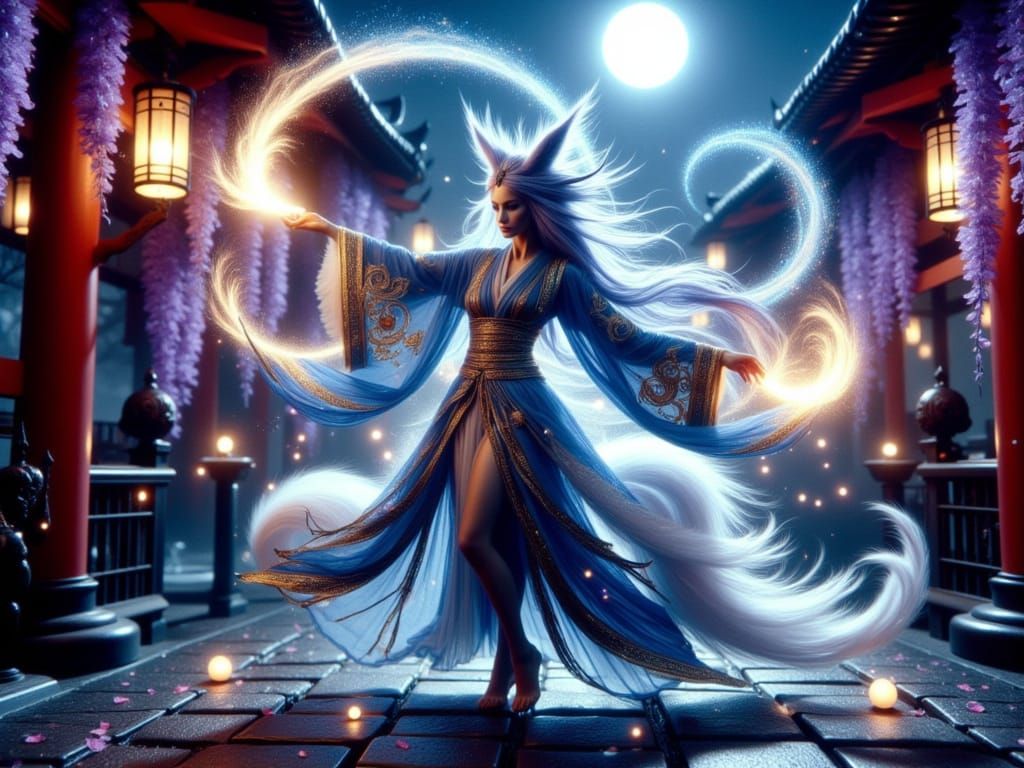 Mystical Kitsune Dances Under Moonlit Japanese Shrine