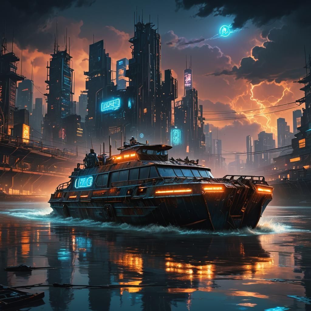 Cyberpunk Fly Boat Speeds Across Dead River