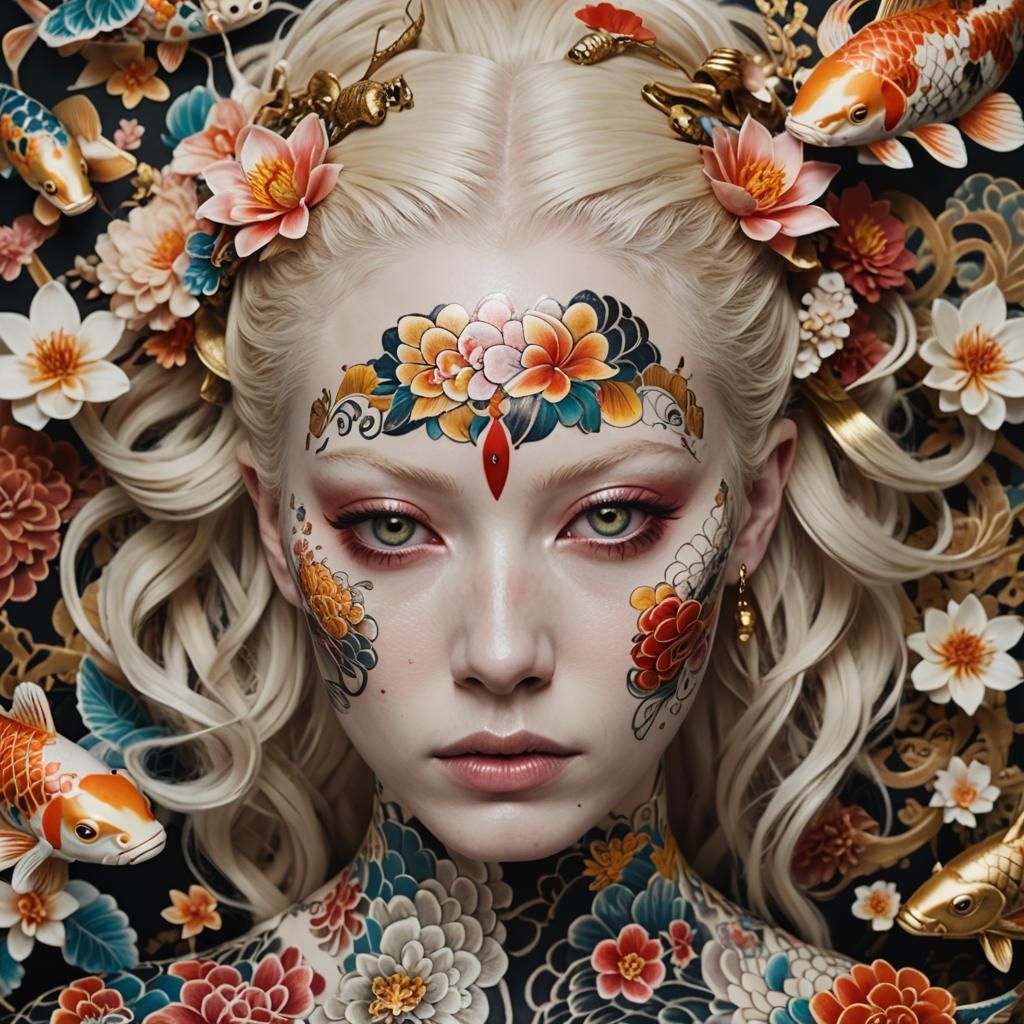 Albino Girl with Japanese Tattoo Art