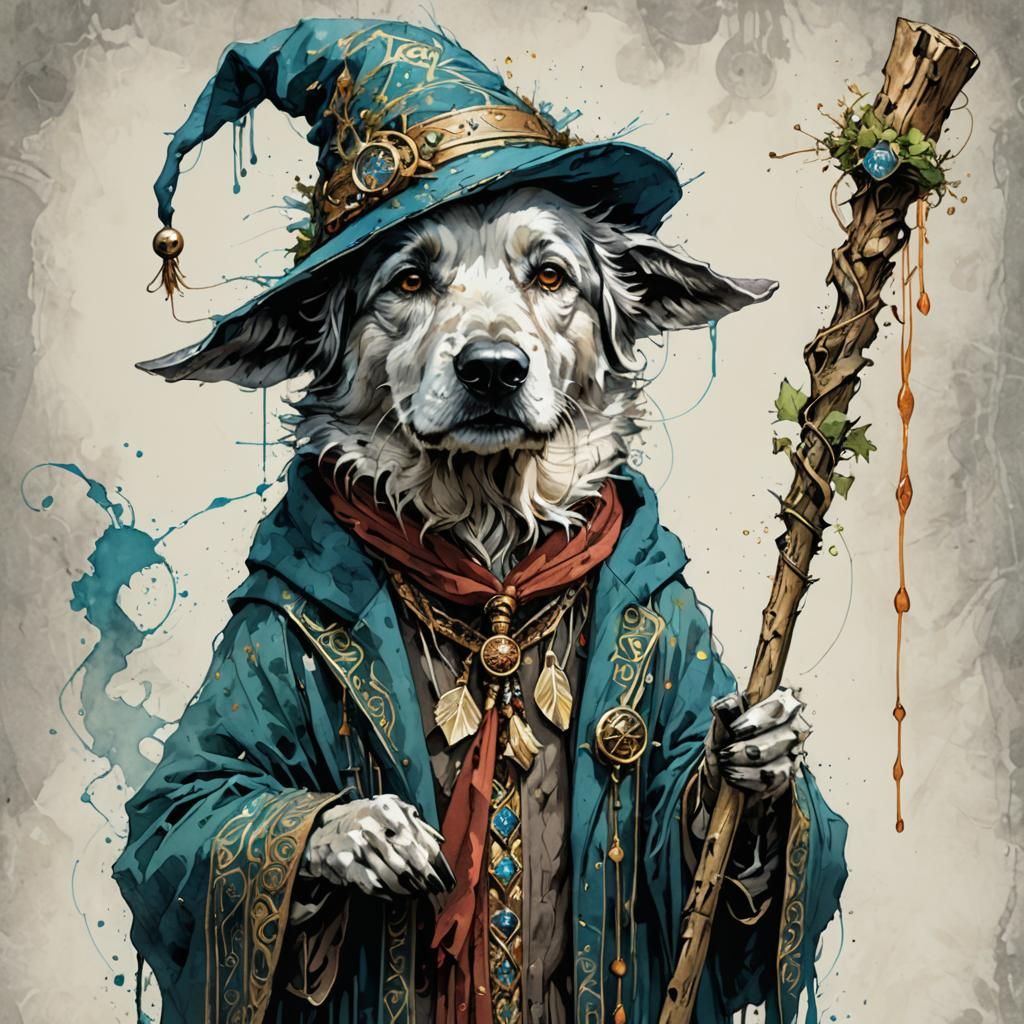 Gray Dog as Mage, Mythical Art by Griffiths