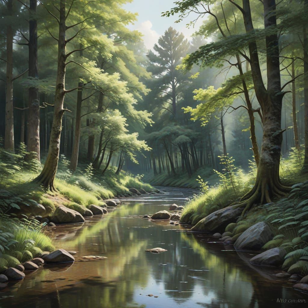 Serene Watercolor Forest Scene in Earthy Tones