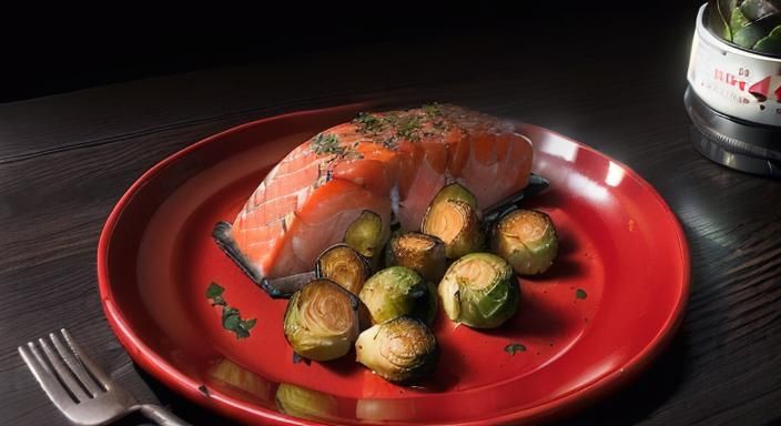 Baked Sockeye Salmon with Brussel Sprouts on Red Plate