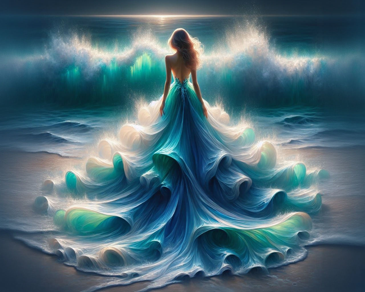 Ethereal Ocean Dream: Woman and Waves Merge