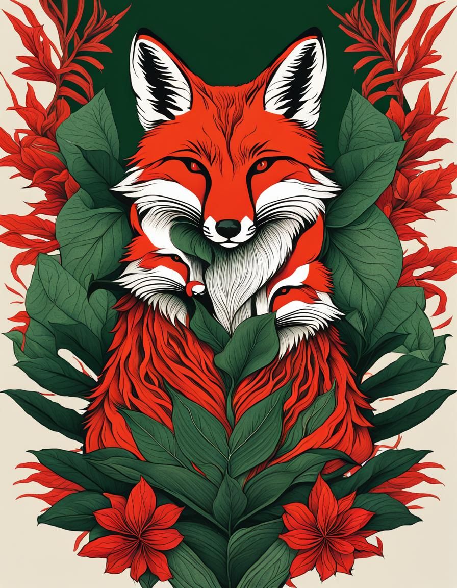 Ukiyo-e Illustration of Fox and Cubs with Botanicals