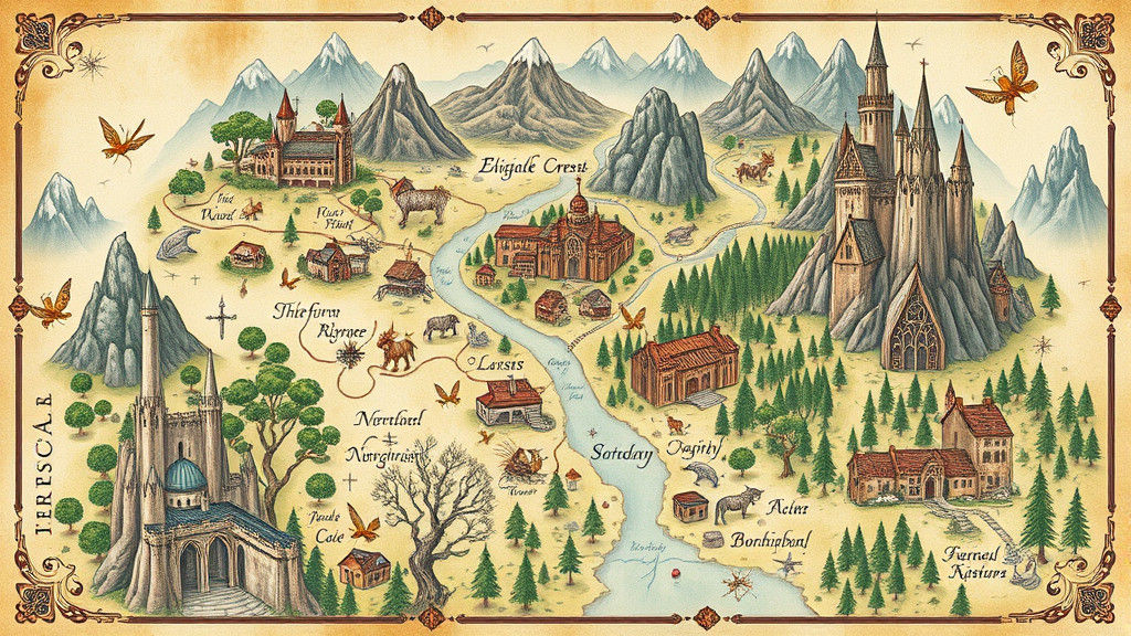 Mystical Realm Map in Classical Fantasy Illustration Style