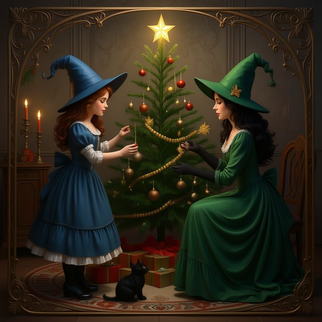Victorian Witches Decorating Christmas Tree with Kitten