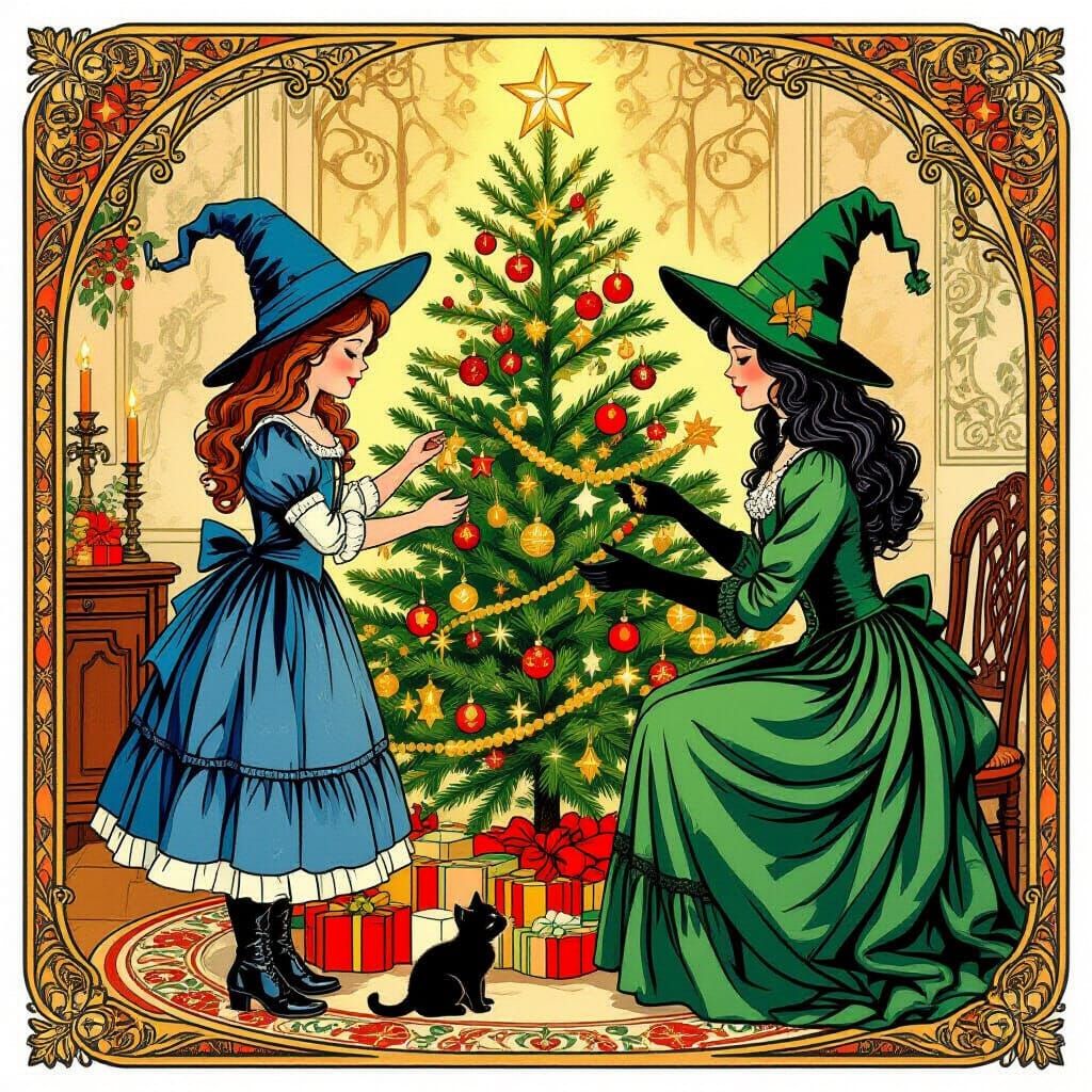 Victorian Witches Decorate Christmas Tree in Art Nouveau Sty...