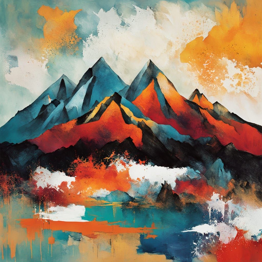 Bold Cubist Mountain Landscape in Vibrant Pop Art Style