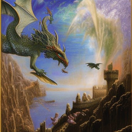 Dragons Fly Around Castle: Romantic Iridescent Art