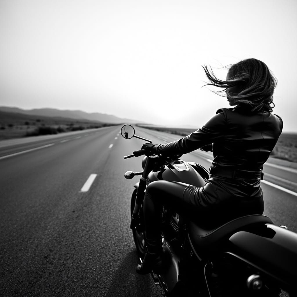 Woman Rides Motorcycle on Highway in Monochrome Photo