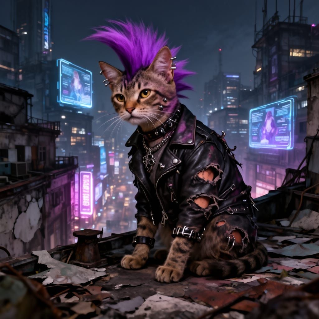 Punk Cat with Purple Mohawk on Urban Rooftop