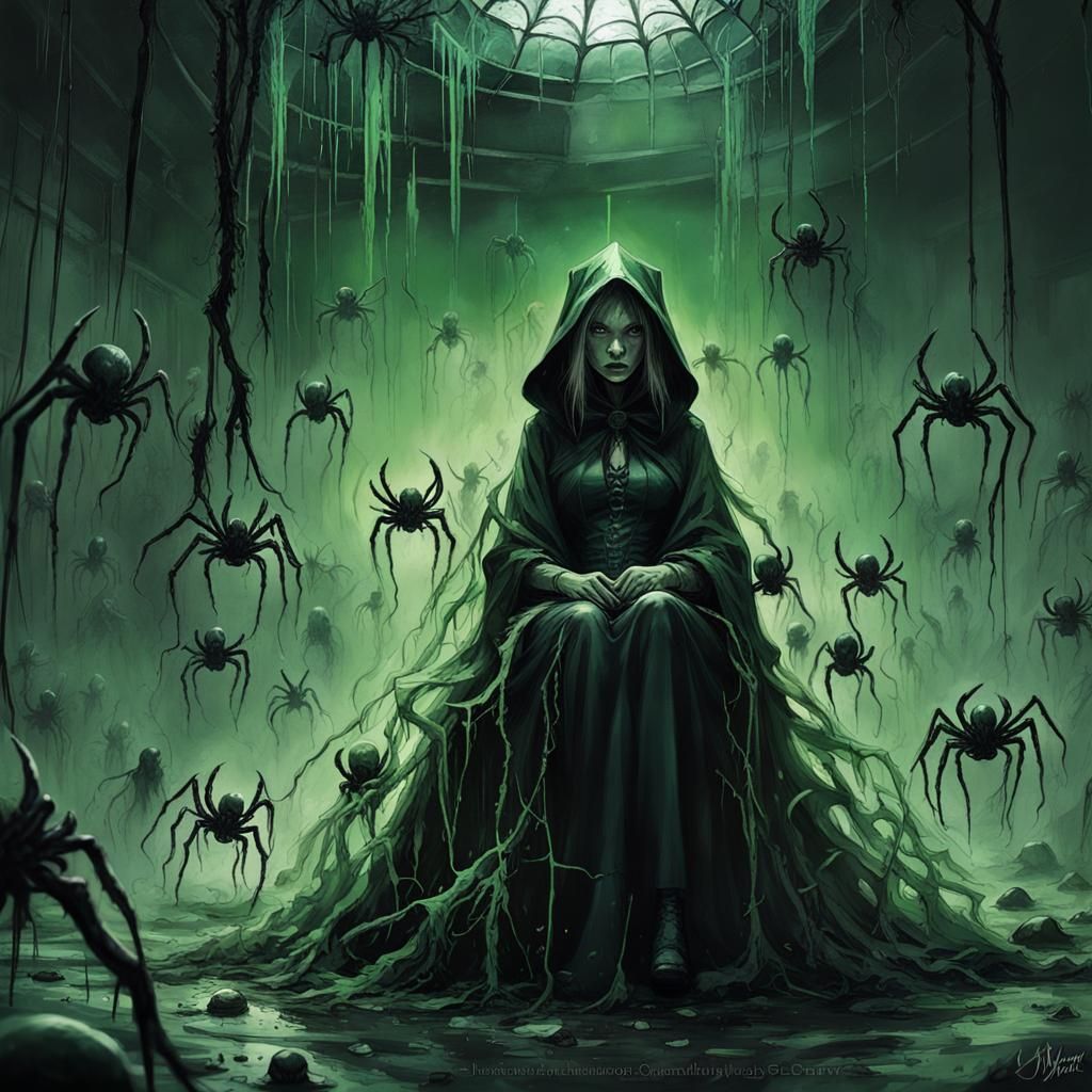 Spider witch, witch of green spiders, GREEN SPIDER, witch poison, cobwebs EVERYWHERE, Poison drip,