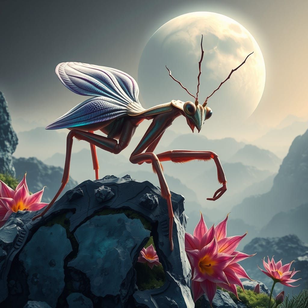 Alien Mantis Creature on Exoplanet with Bioluminescent Flora