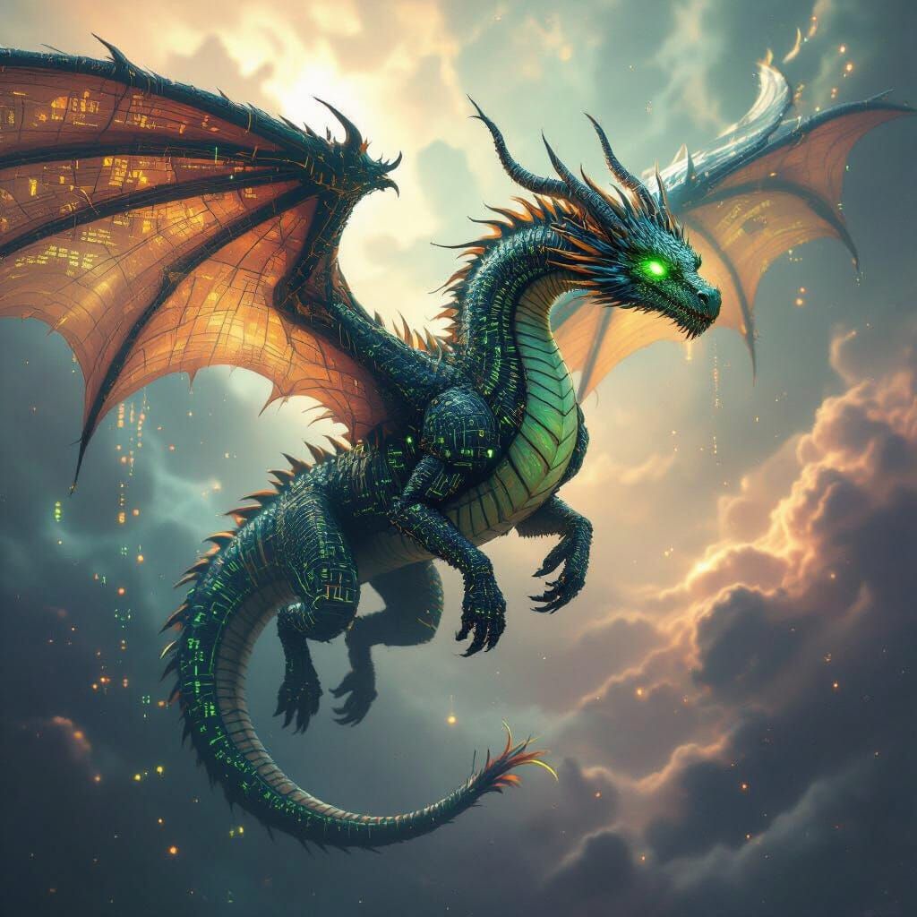 Cybernetic Dragon Soars Through Digital Nebula