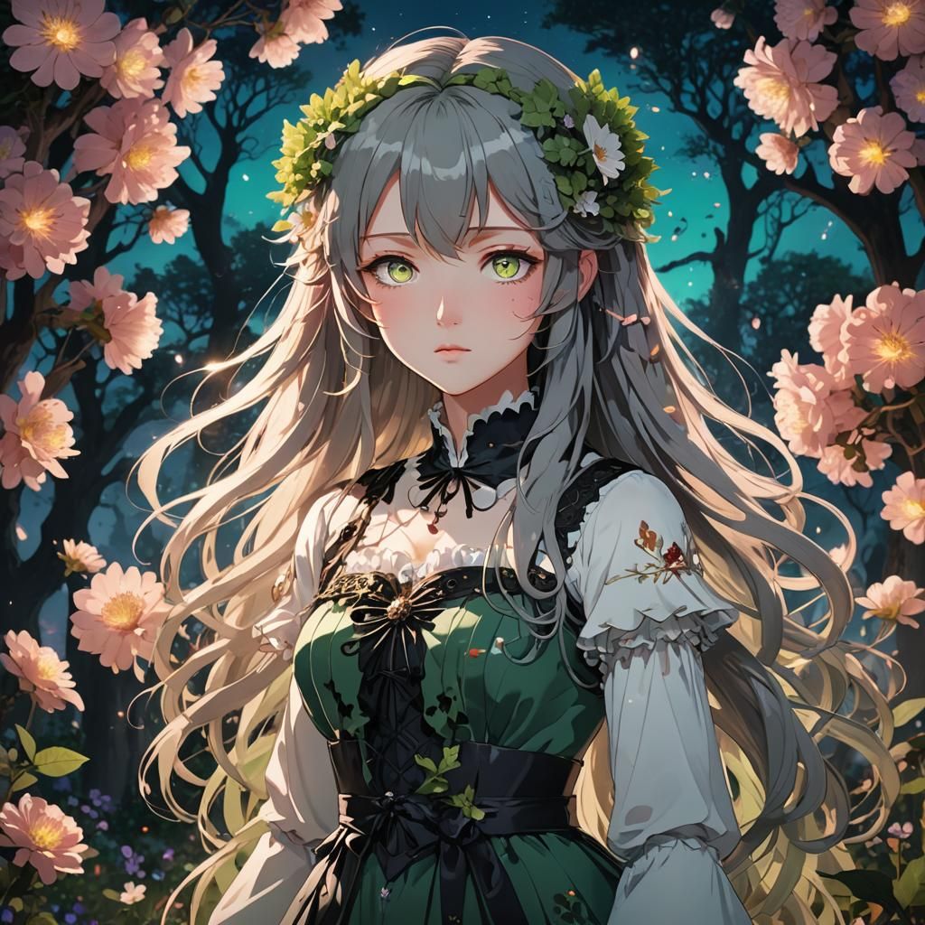 Envision an anime waifu who embodies the duality of spring and the underworld. She has long, flowing hair that transitio...