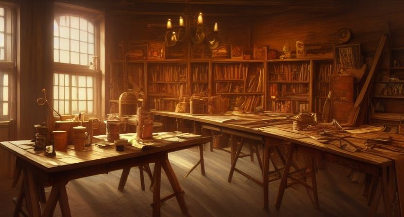 Detailed Workshop Scene with Cats: Splash Art Style