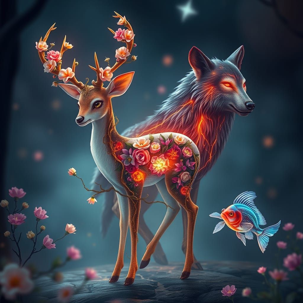 A delicate deer with a body composed of blooming florals and twisting vines, a wolf with a molten lava coat and glowing ...