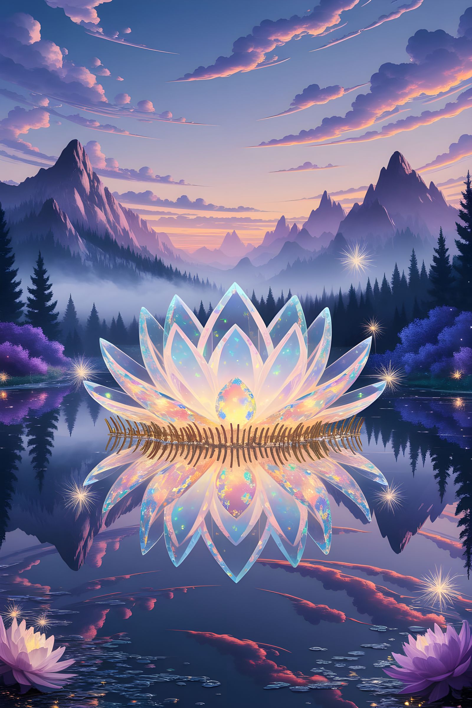 Crystal Lotus on Reflective Lake in Fantasy Style