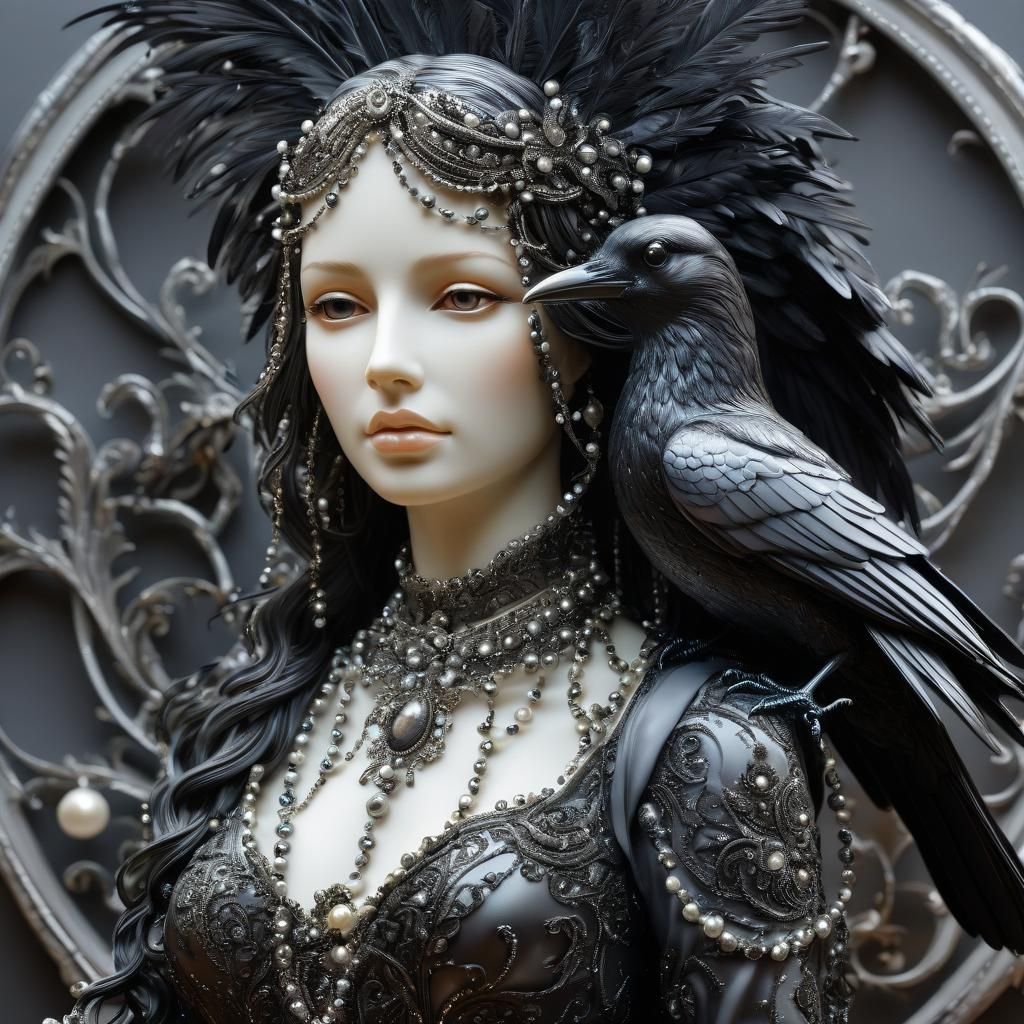 Pearl Woman Holding Crow Sculpture