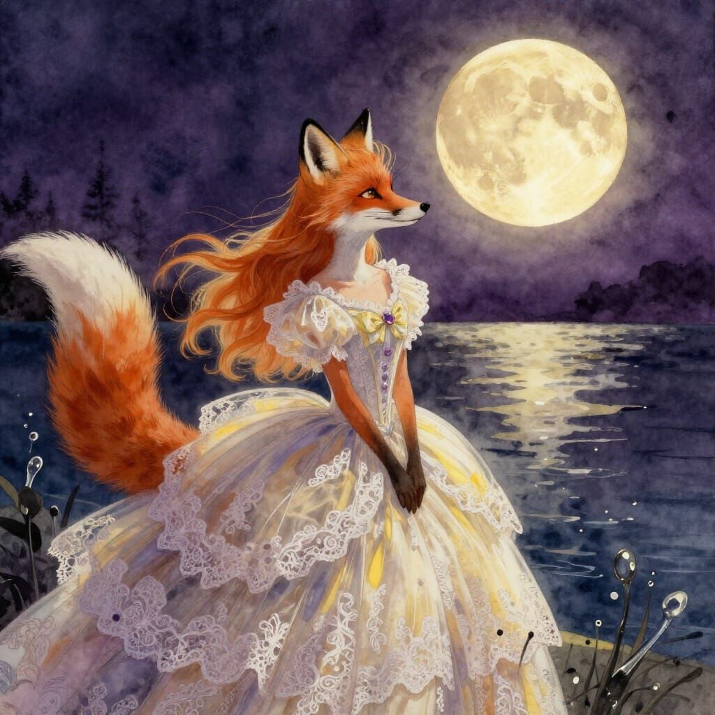 Fox Princess in Lace Gown Under Full Moon