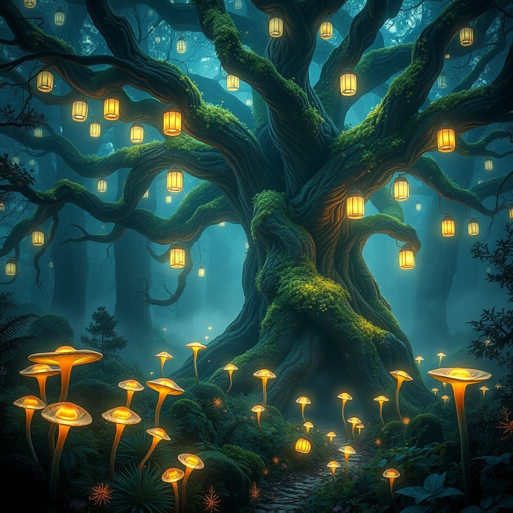 Ancient Tree Enthroned in Enchanted Forest