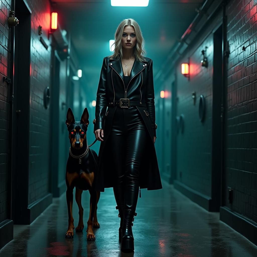 Woman in Leather Uniform in Dark Prison