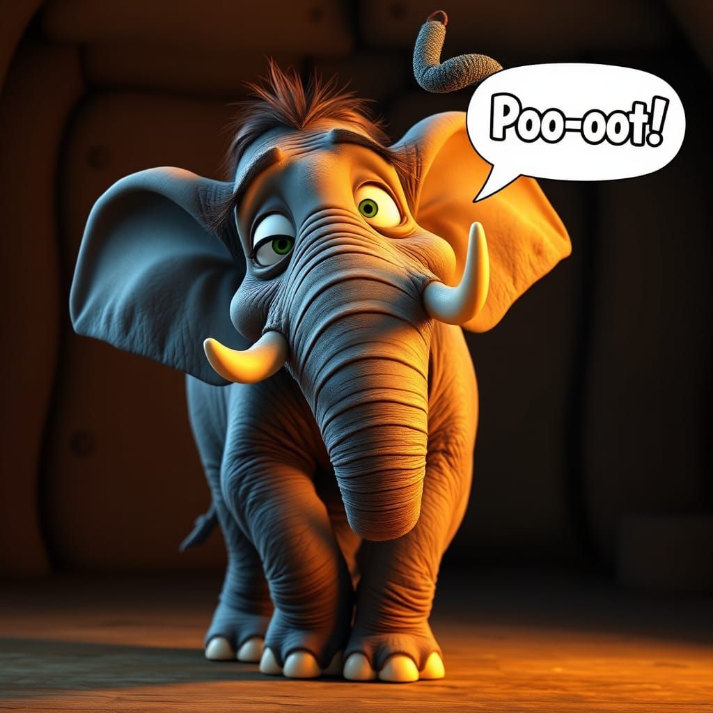 Goofy Elephant with Exaggerated Expression in Pixar Style