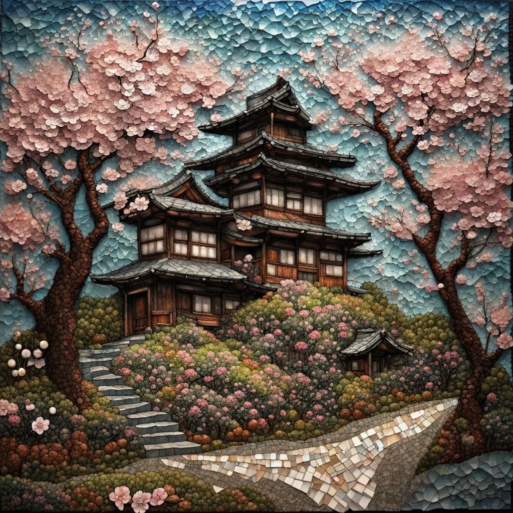 Textured Collage of Cherry Blossom Tree and House
