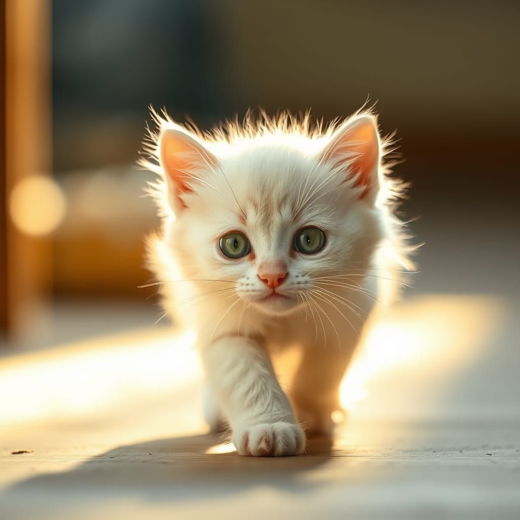 Fluffy White Kitten with Green Eyes, Backlit