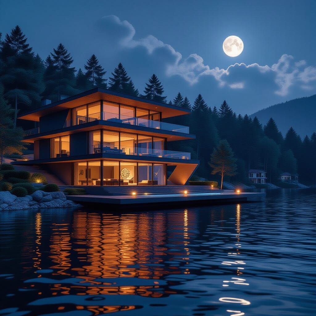 Luxurious Lakeside Resort House at Night