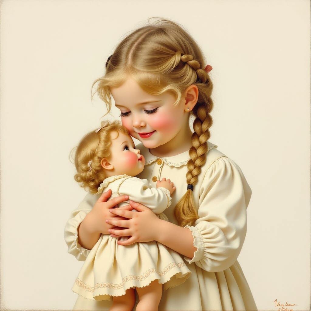 Innocent Girl Whispering Secrets to Doll in Oil Painting Sty...