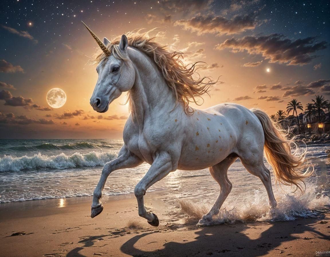 Majestic White and Gold Unicorn on Moonlit Beach