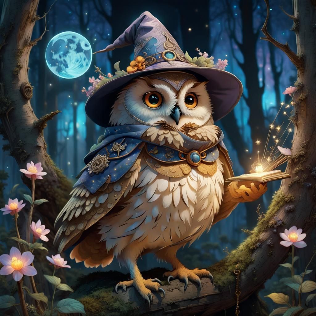 Enchanted Owl Wizard Portrait in Forest at Night