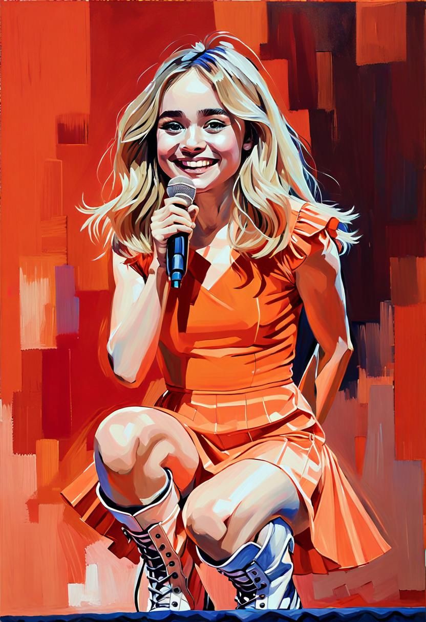 Blonde Popstar in Orange Dress, Neo-Impressionist Style