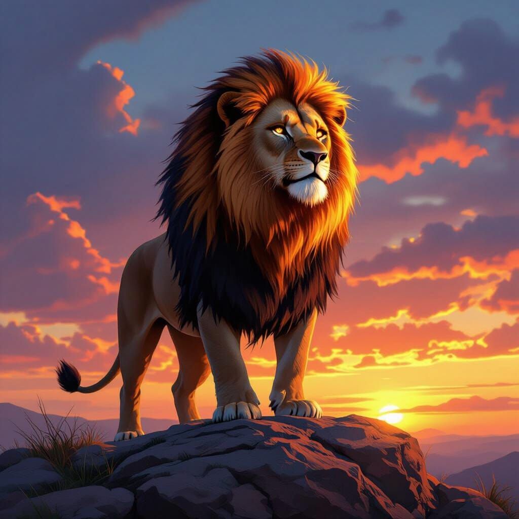 Lion with Fiery Mane at Sunset: Photorealistic Art