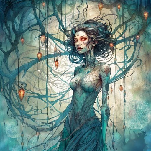 Spider Woman with Cocoons in Ink Flow Art Style