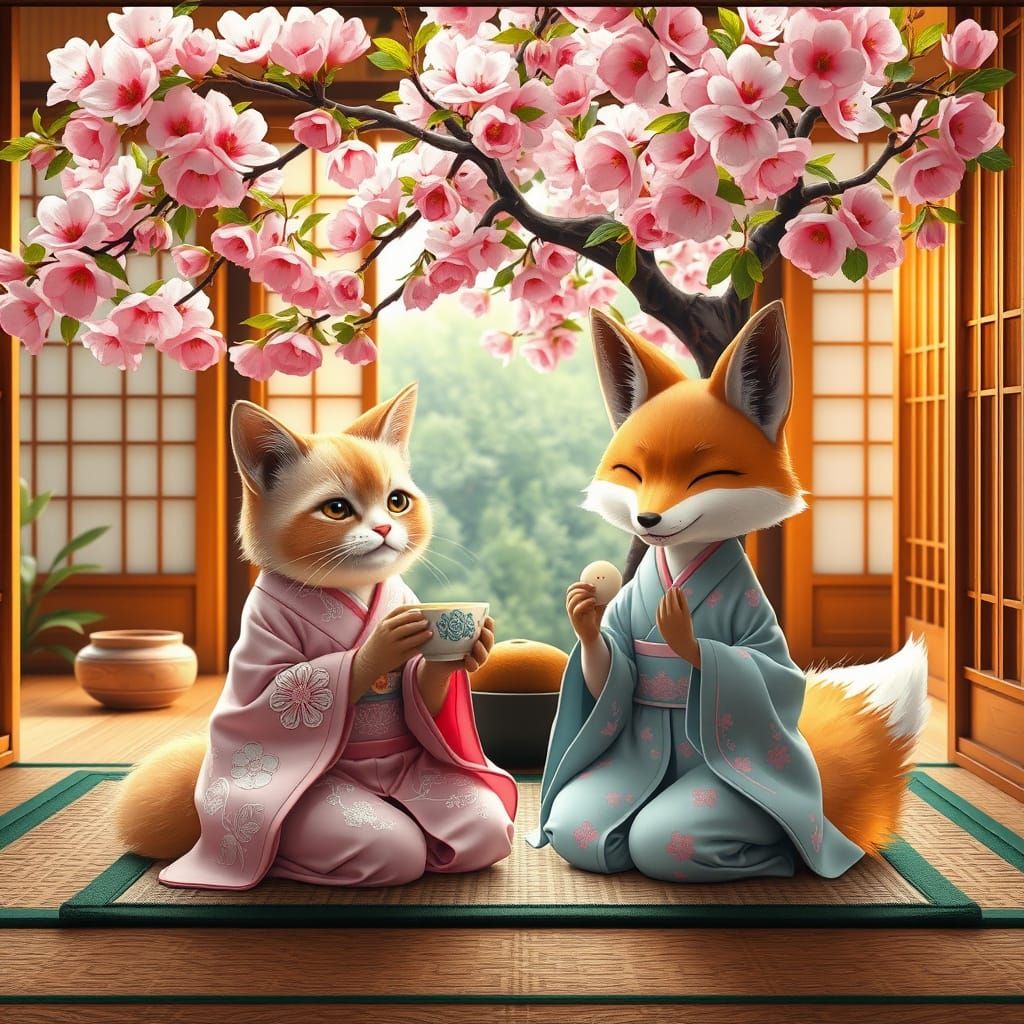 Chibi Friends Enjoy Matcha in a Traditional Japanese Abode