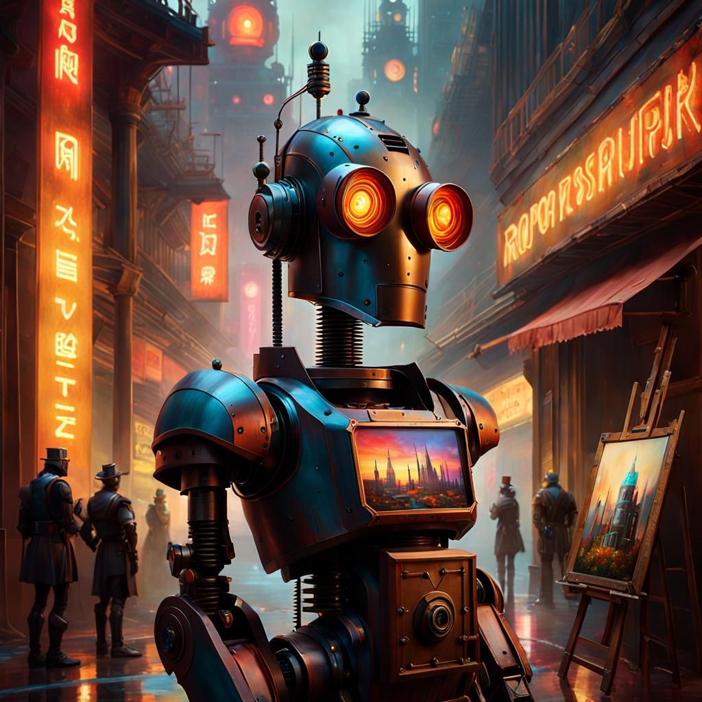 Robot Painter in Cyberpunk Dystopian Style