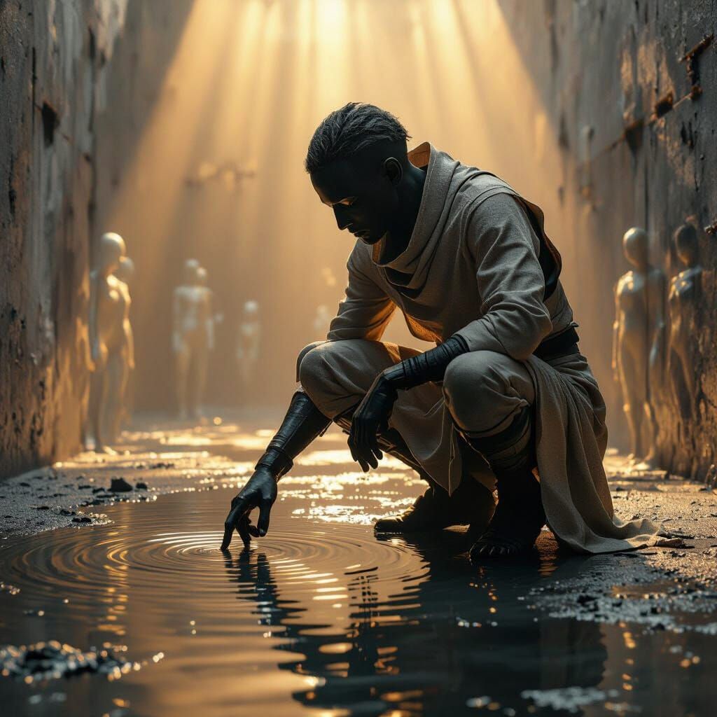 Faceless Humanoid in Brutalist Chamber Touching Rippling Pud...