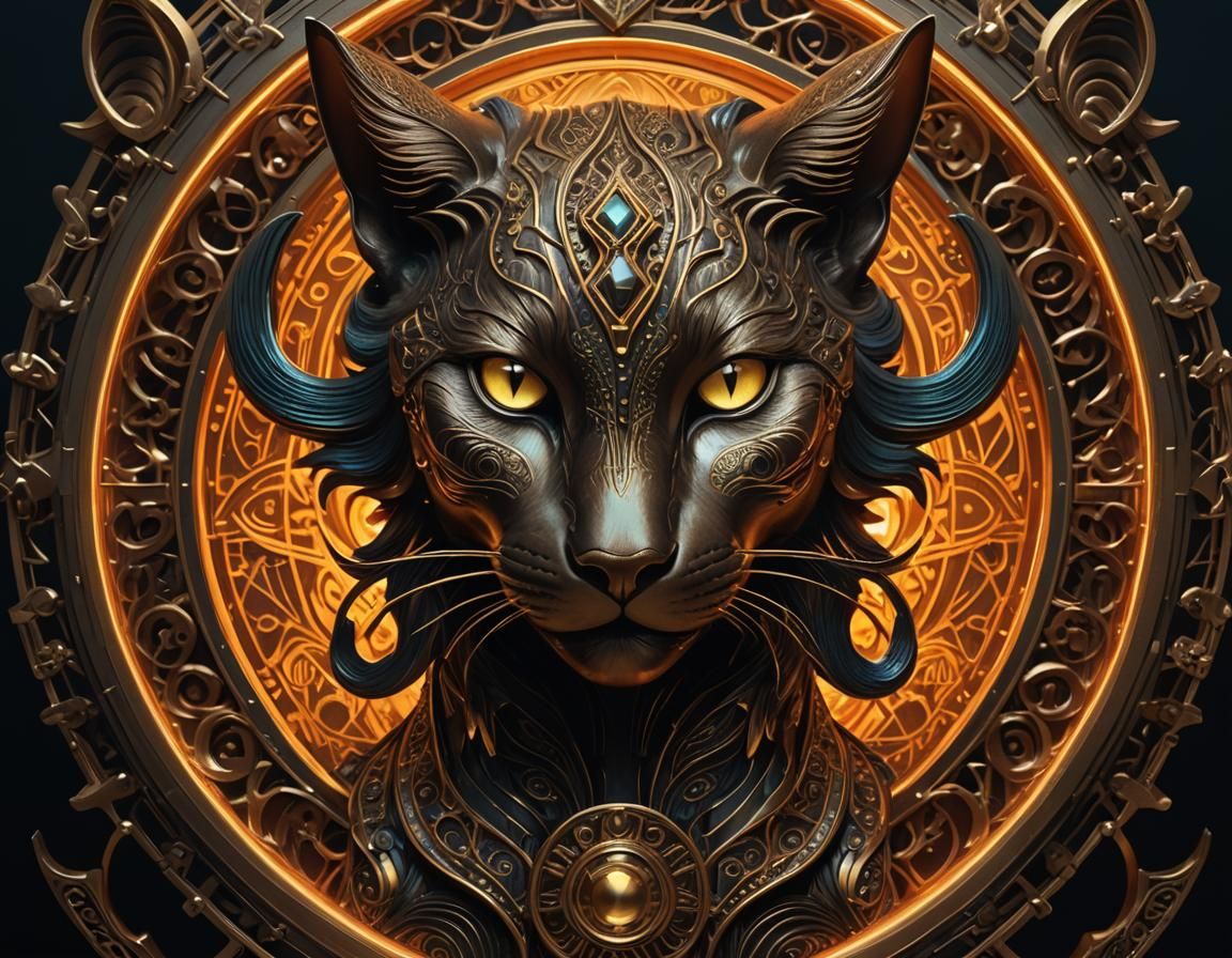 Art Deco Bronze Cat Portrait with Geometric Frame