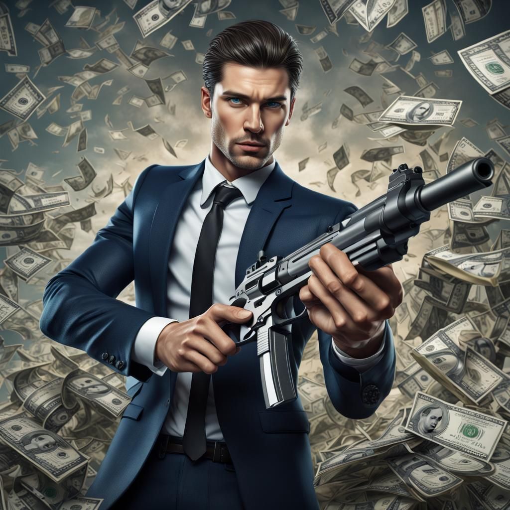 Handsome Man with Gun in Detailed Photorealistic Style
