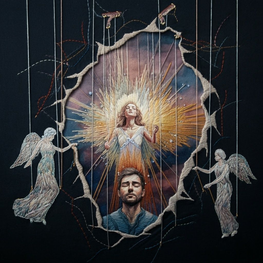 Embroidered Angels Suspend Woman in Thread Tear