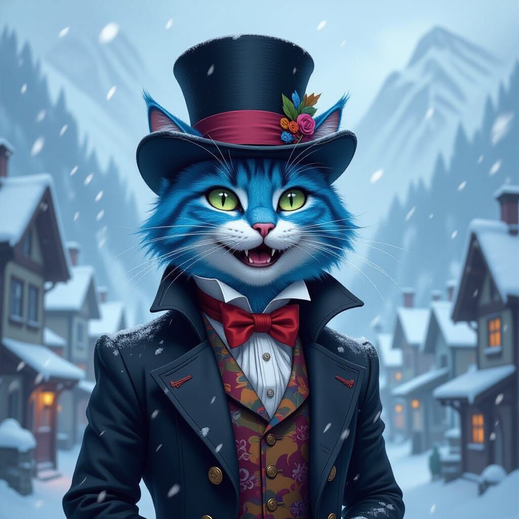 Victorian Cat in Snowy Mountain Village, Illustration