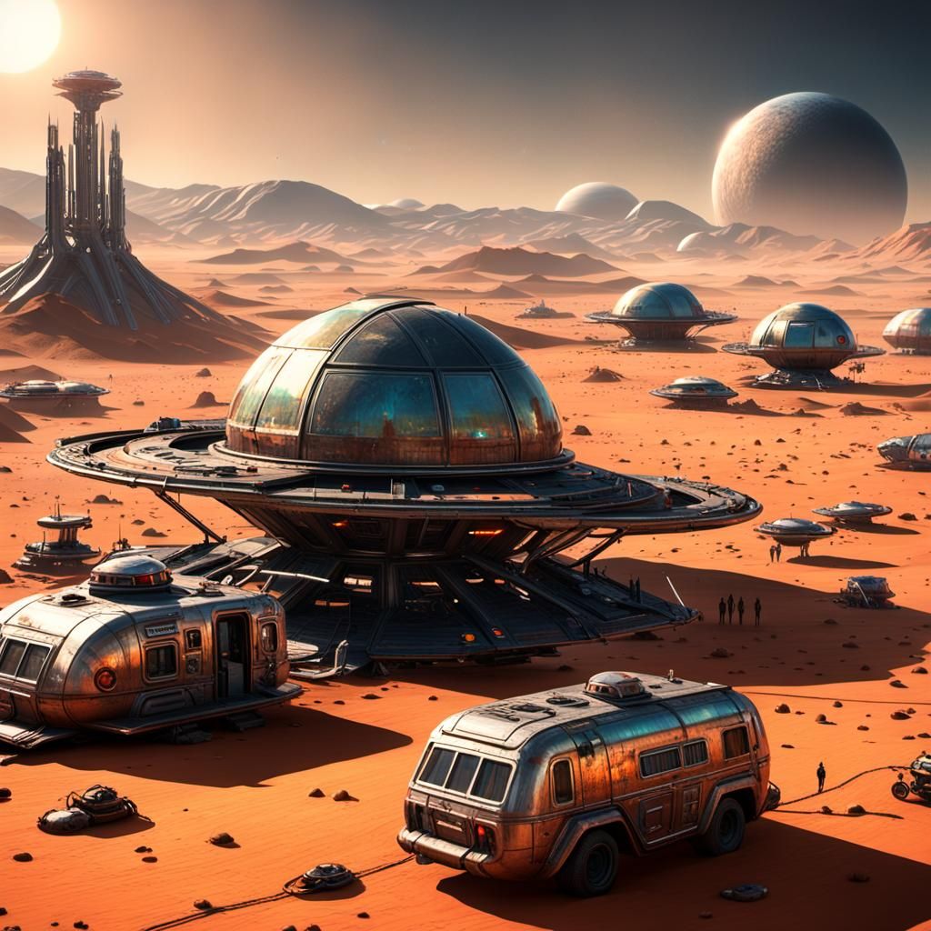 Alien Desert Fuel Stop with Spaceships in Hyperrealistic Sty...