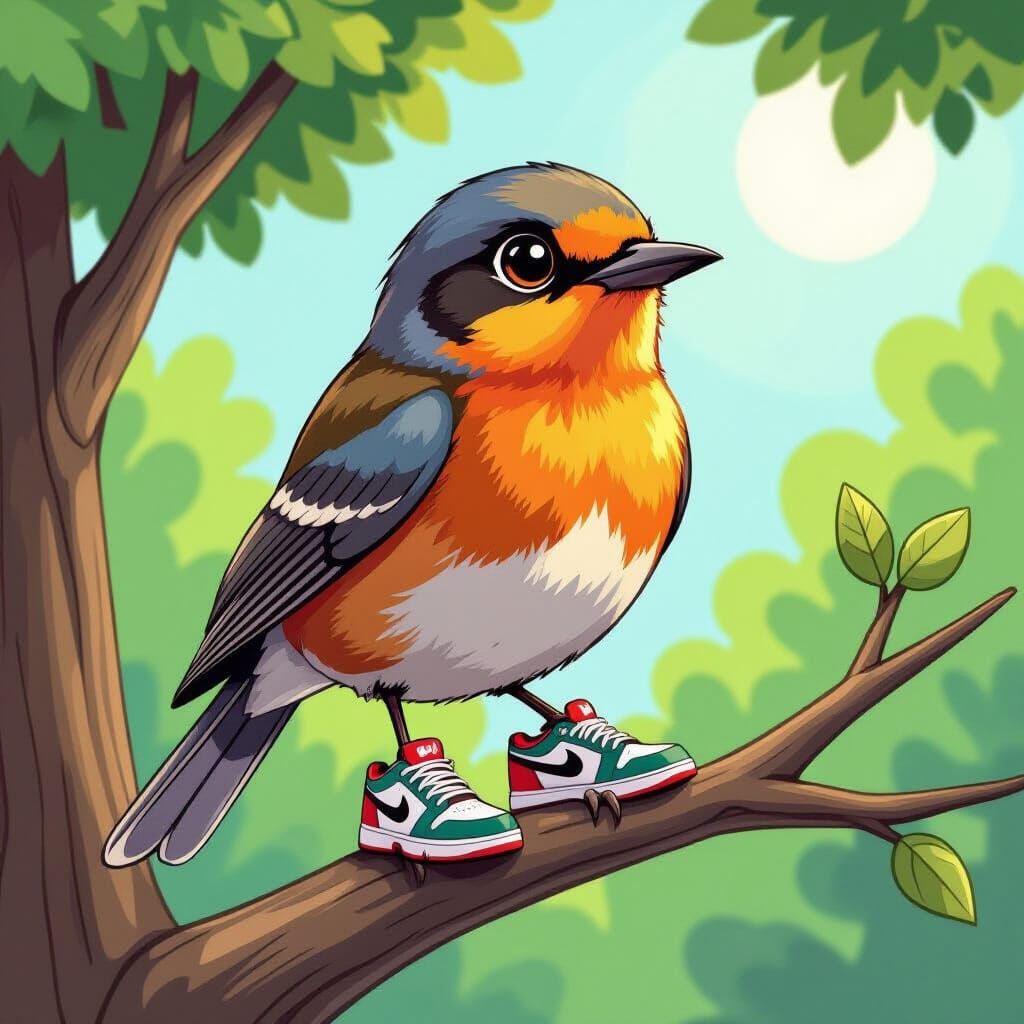 Cartoon Robin Bird Wearing Jordans on Branch