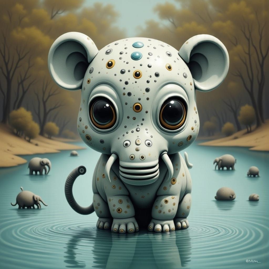 Albino Elephant Bathing in Turquoise River, Dubuffet Style